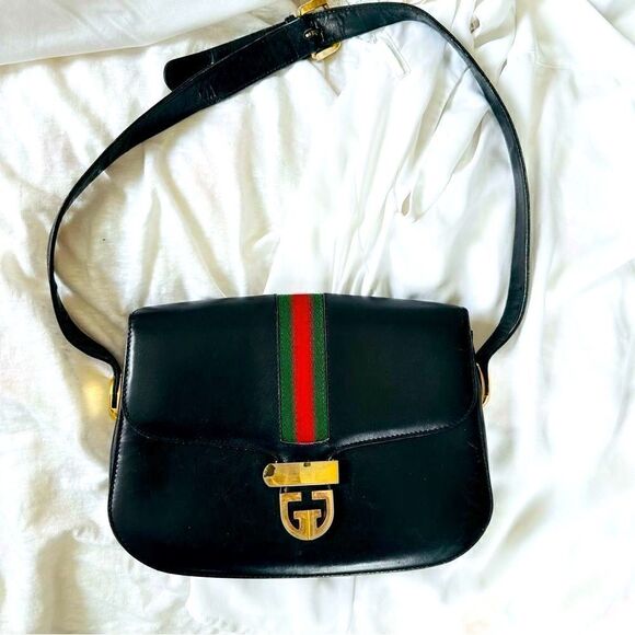 Gucci black leather web accent and gold GG lock shoulder - Picture 4 of 16